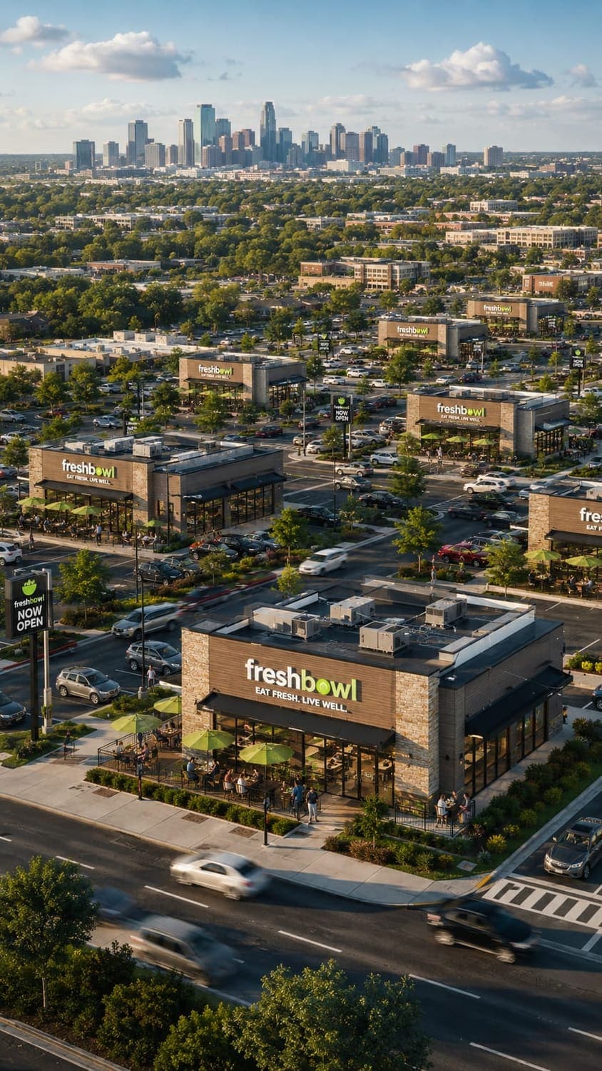A map or storefront grid showing a growing franchise brand